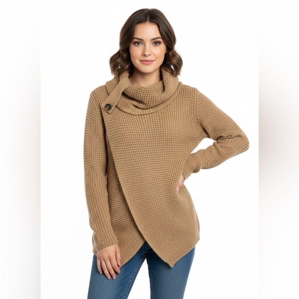 Brown Knit Wrap Sweater One Size S/M Cowl Neck Button Detail